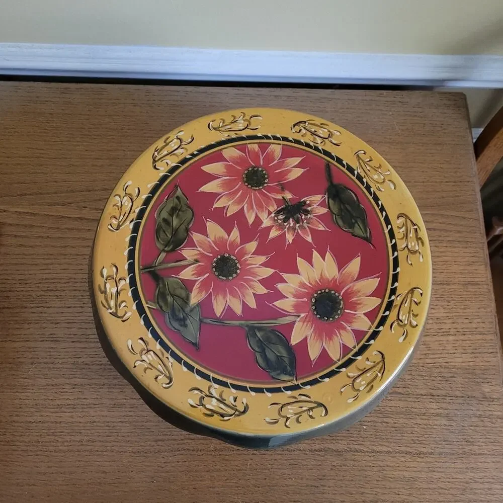 Pier 1 Imports Sunflower Hand Painted Terracotta Pedestal Harvest Cake Stand